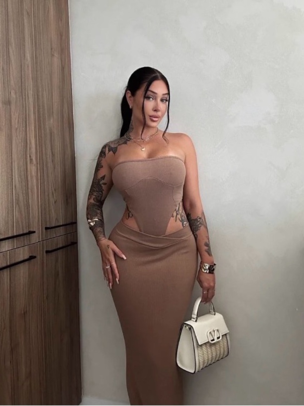 Taupe Strapless Bodysuit & Maxi Skirt Set